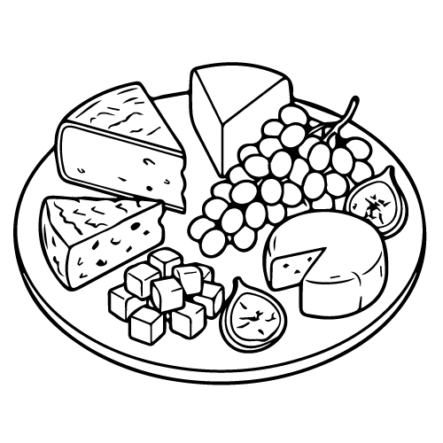 drawing of a charcuterie board with cheese and grapes