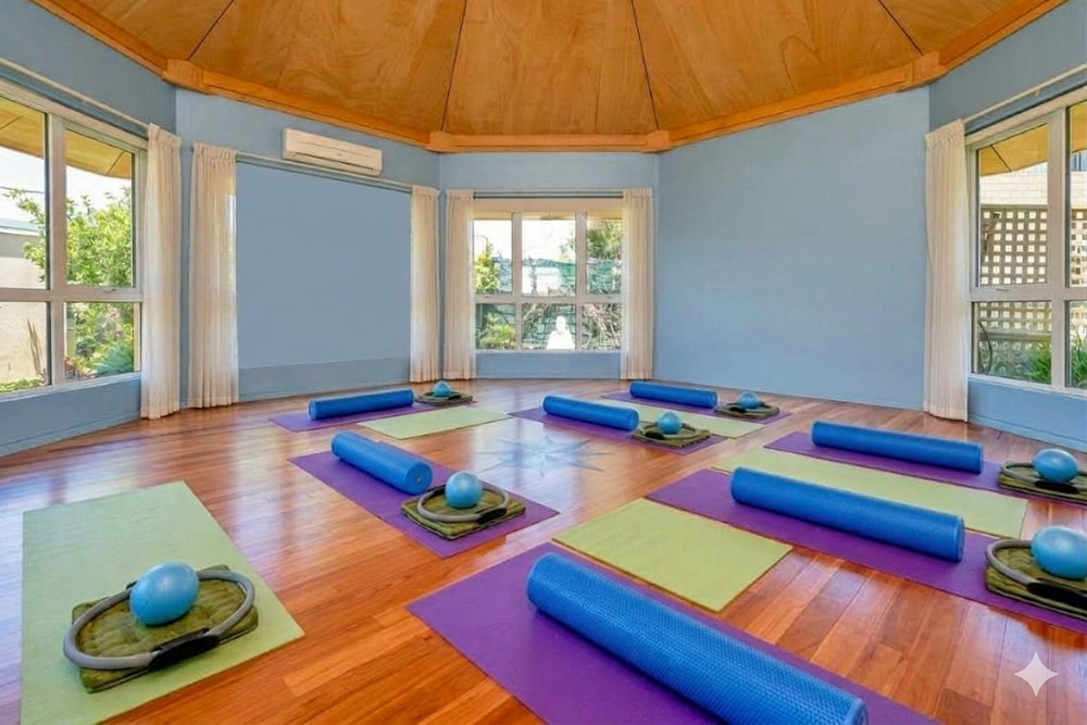 Pilates group training mats and equipment on floor of venue hire